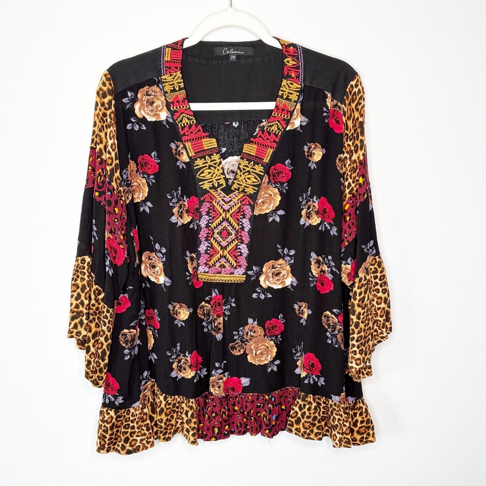 Calessa 2X Boho Floral Leopard Mixed Print Embroidered V-Neck Bell Sleeve Blouse